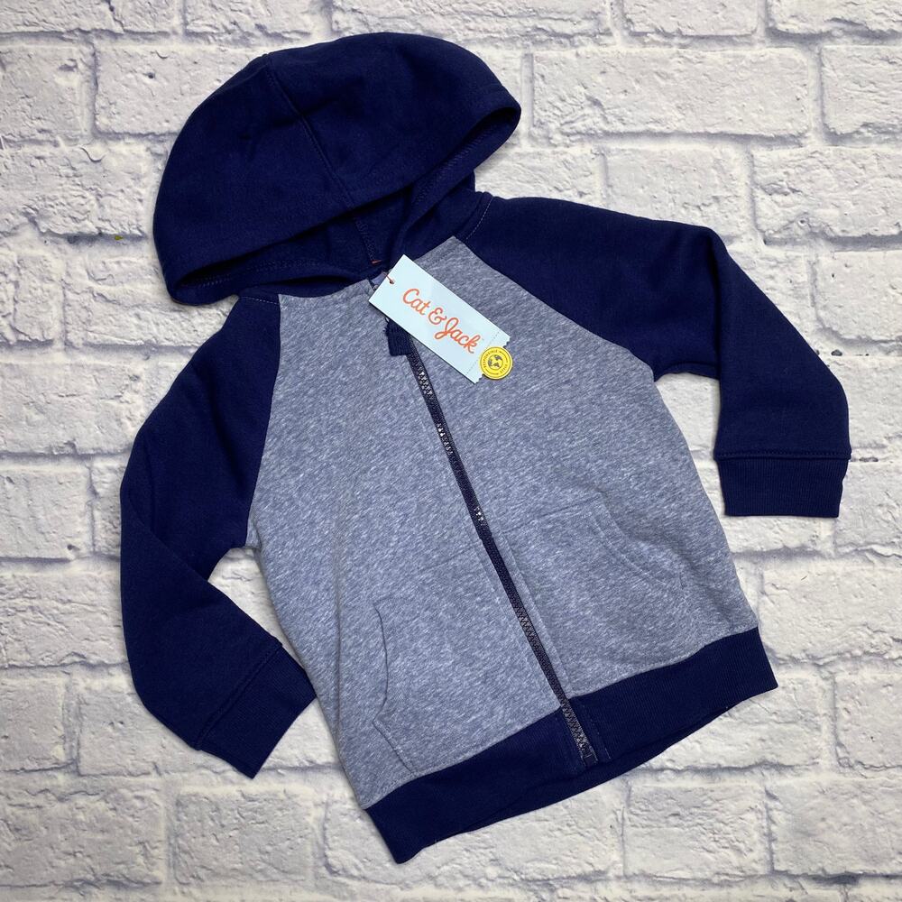 NEW Cat & Jack Hooded Zip Down Sweatshirt in Color-blocked Blue/Heathered Blue